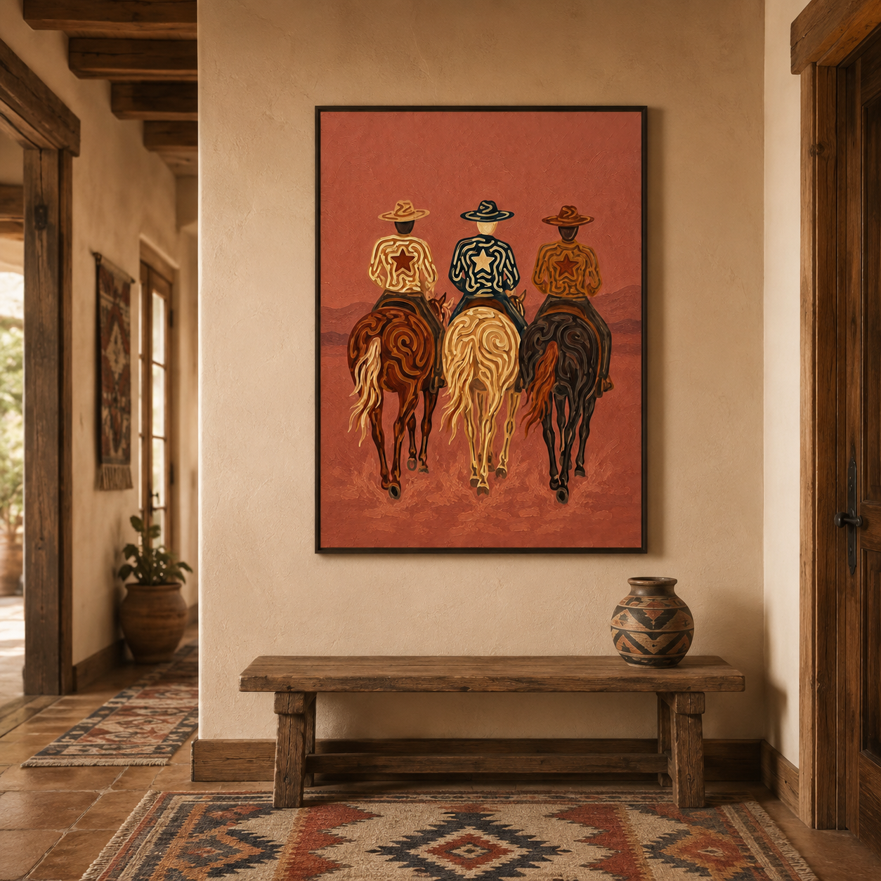 Pink Western Cowboys Painting, Desert Horse Riders, Southwestern Landscape Wall Art