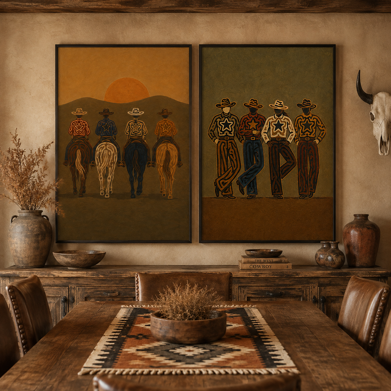 Vintage Sunset Cowboy Group Portrait Wall Art Set Of 2, Western Lifestyle Canvas Painting Vintage Cowboy Gang Decor