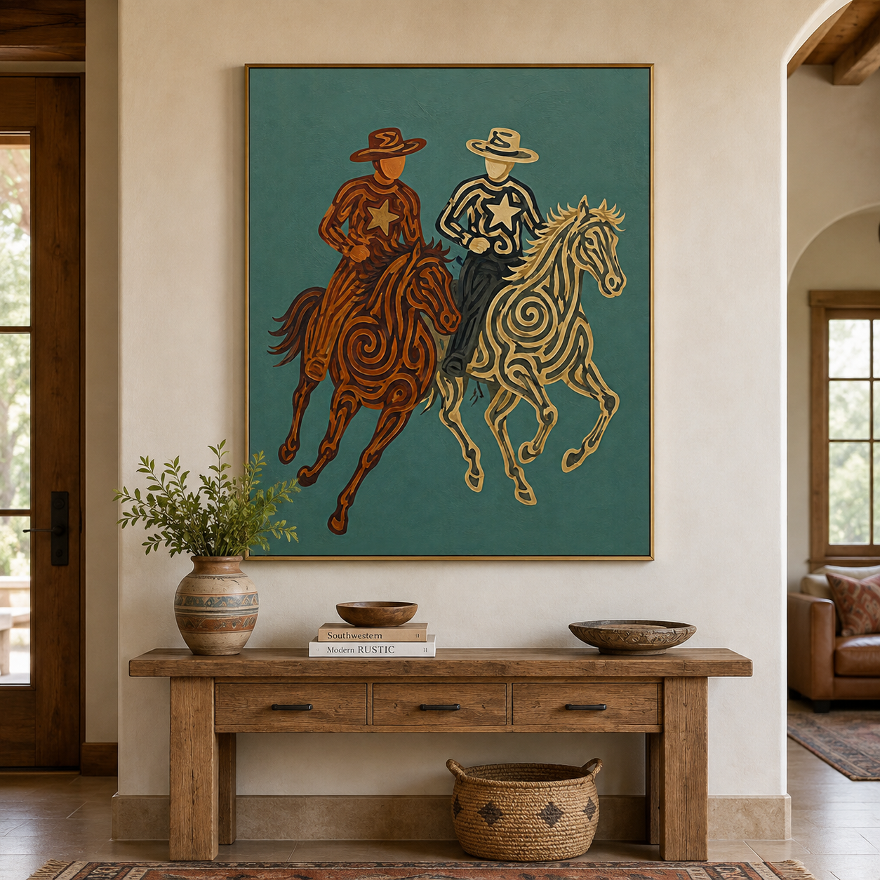 Rustic Cowboy Horse Painting, Teal Western Riders Wall Art, Southwestern Folk Decor