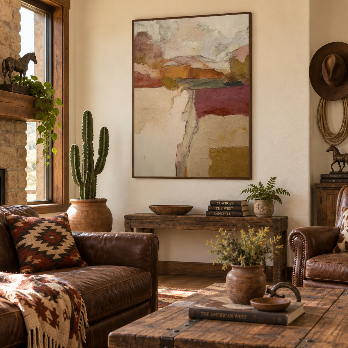 Abstract Landscape Canvas Painting With Olive Green And Earth Tones For Modern Wall Art