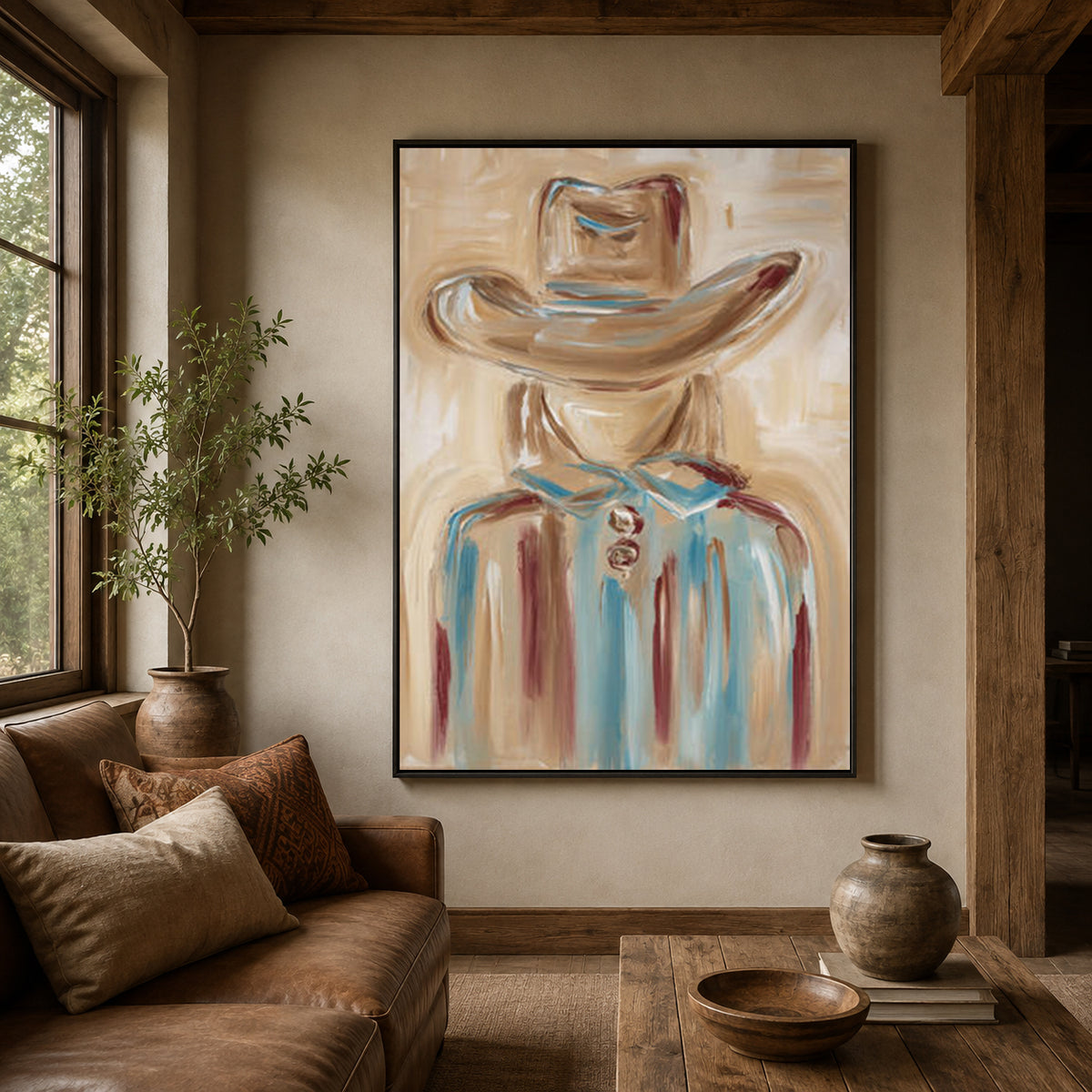 Cowgirl Portrait Canvas Painting Hand-Painted Wall Art In Blue And Beige