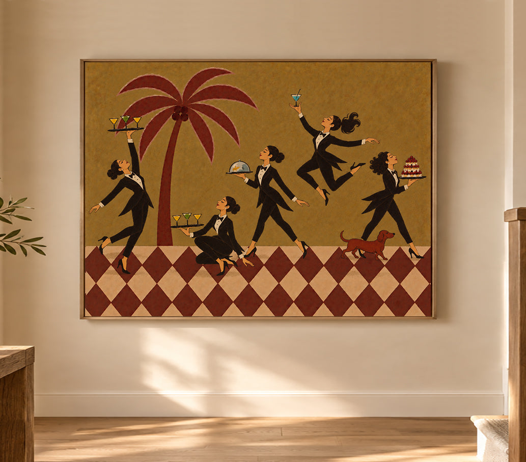 Retro Dining Room Wall Art With Palm Tree And Cocktail Servers Original Canvas