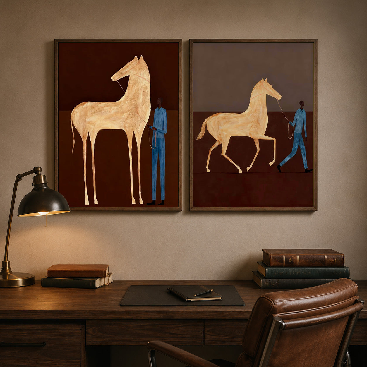 Vintage Brown Horse Painting Set With Blue Figure For Modern Home Decor