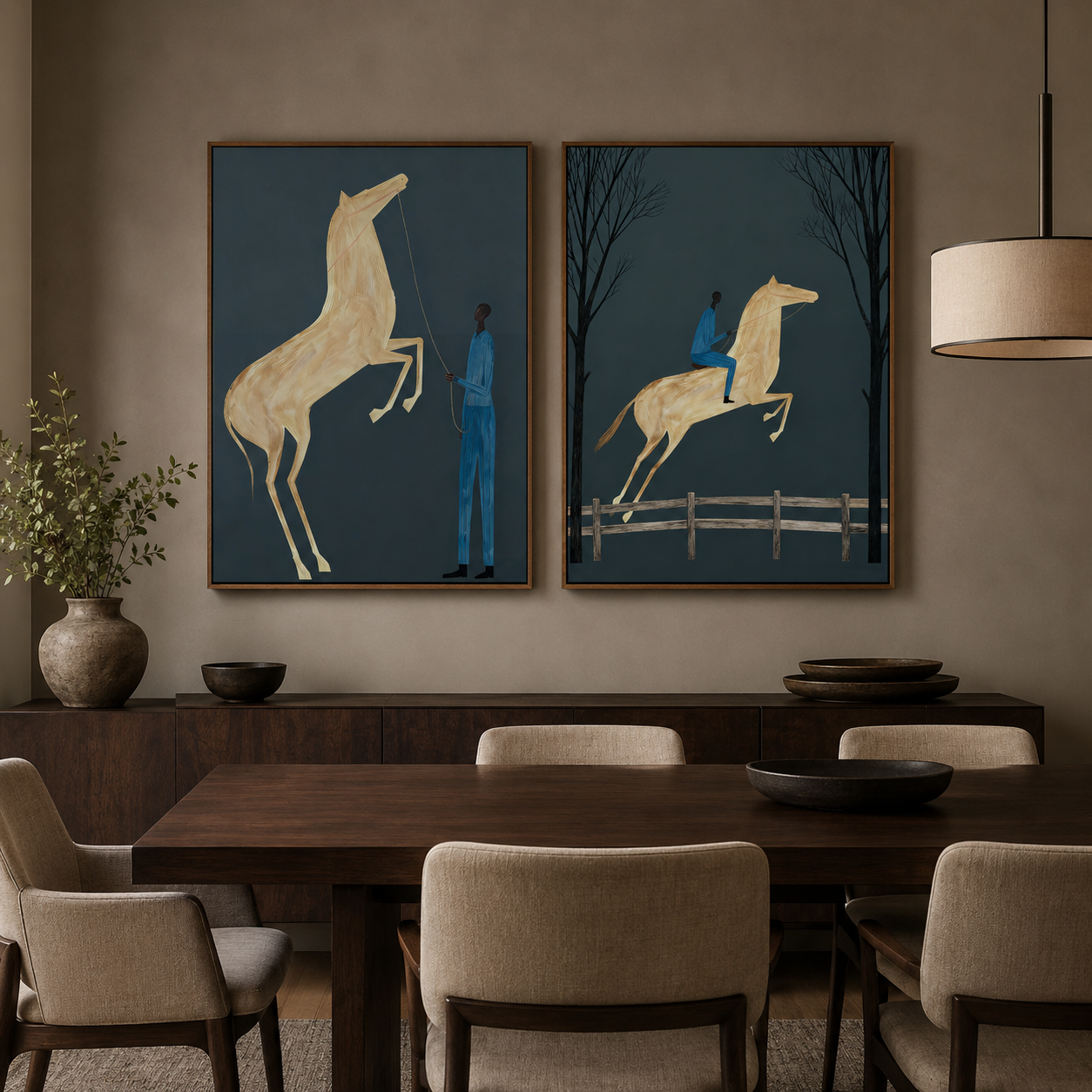 Minimalist Horse Painting Set Deep Blue Background Modern Wall Art For Living Room