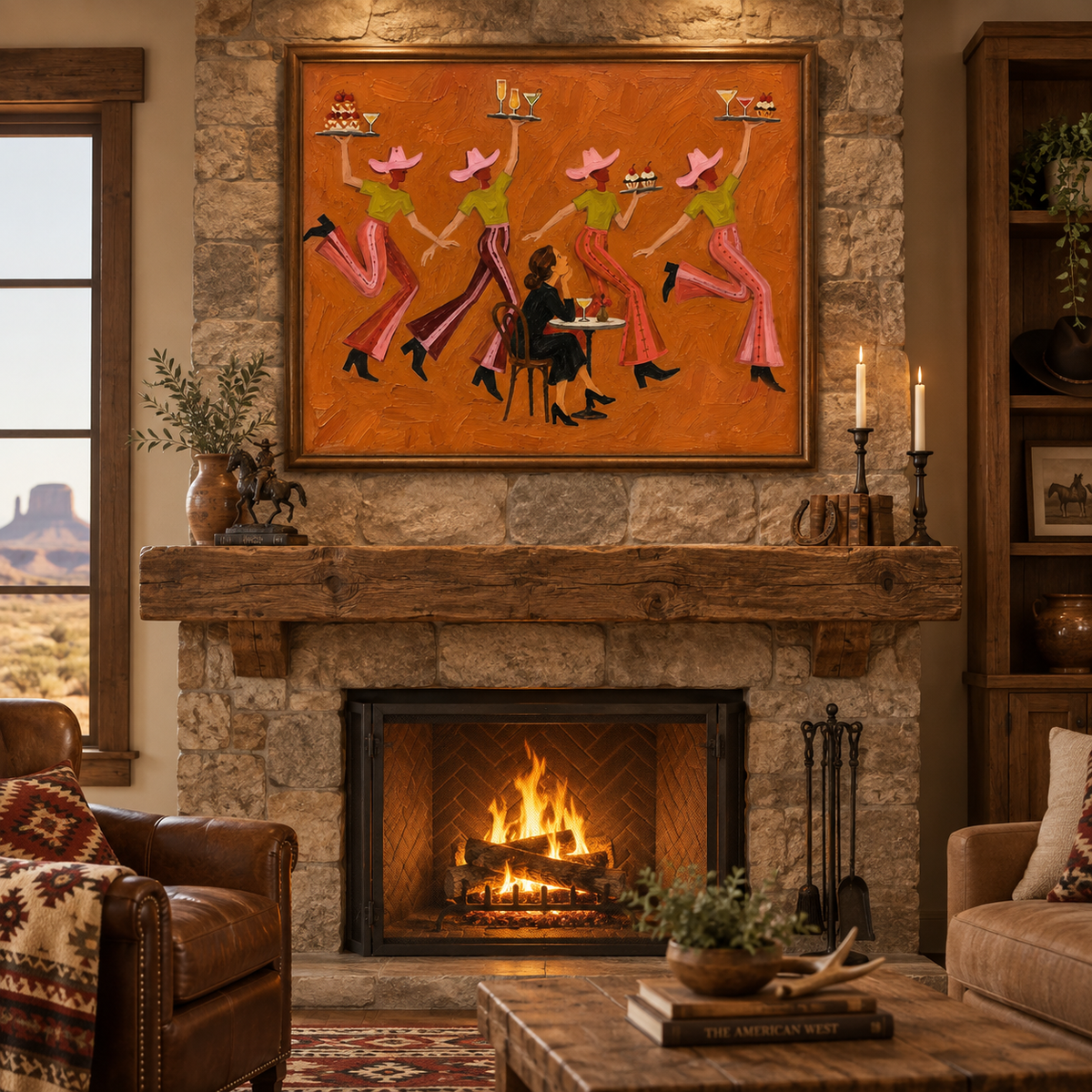 Narrative Western Cafe Canvas Art, Whimsical Cowgirl Dancing Canvas Painting, Retro Diner Wall Decor,