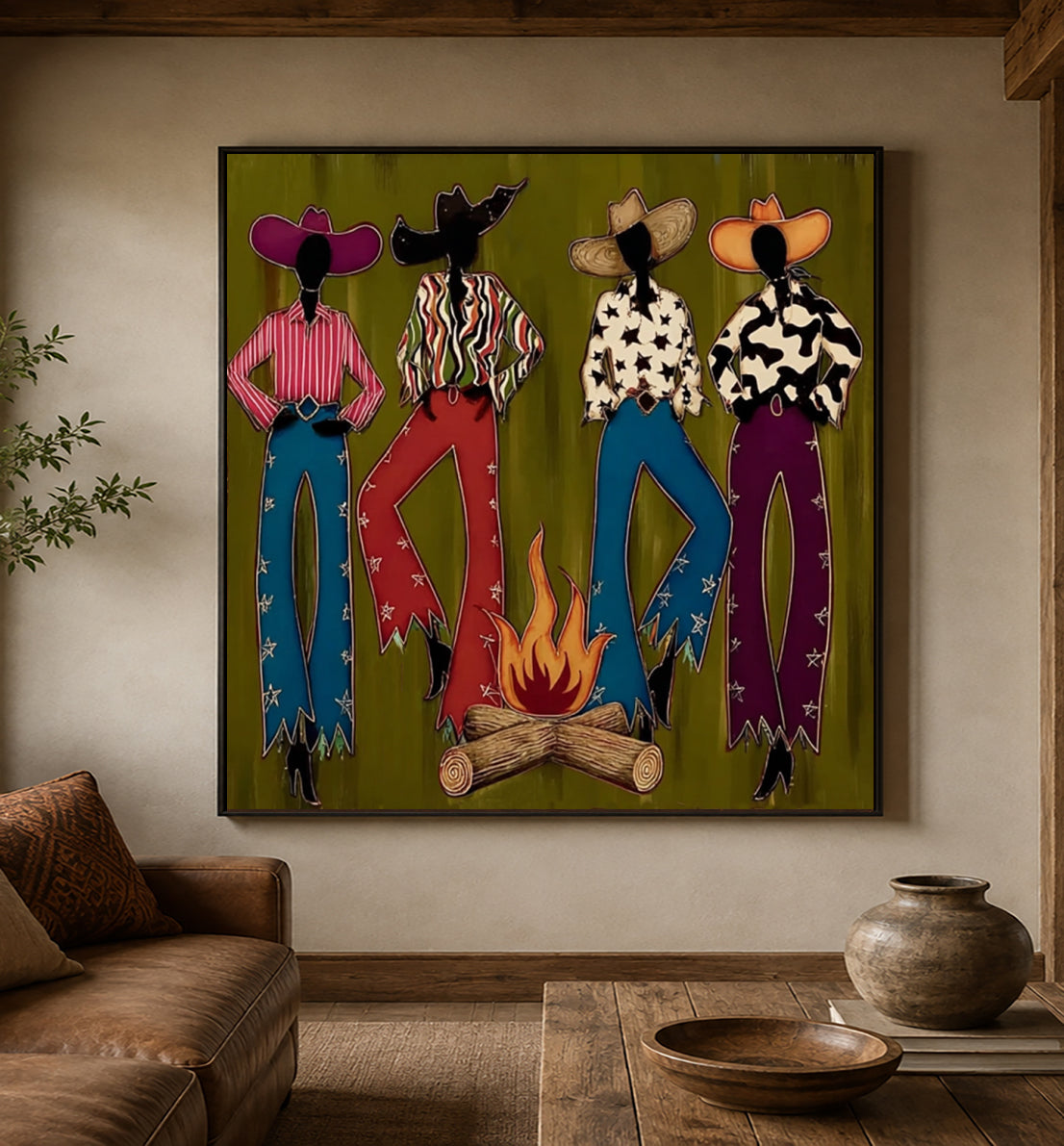 Colorful Cowgirl Painting, Retro Southwest Decor, Olive Green Handmade Artwork