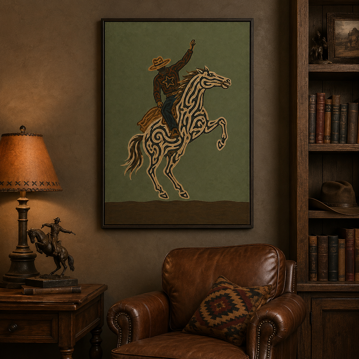 Olive Green Wall Art Dynamic Cowboy Wall Art, Bucking Horse Painting, Wild West Equestrian Decor