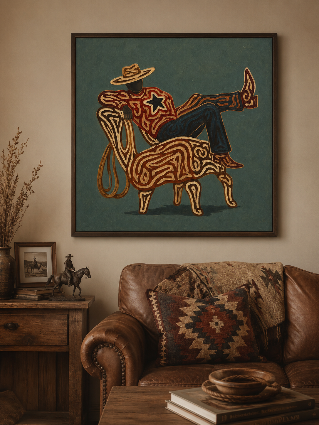 Cowboy Relaxing Art , Western Aesthetic Wall Art, Abstract Cowboy Painting, Modern Rustic Decor Canvas, Contemporary Cowboy Art