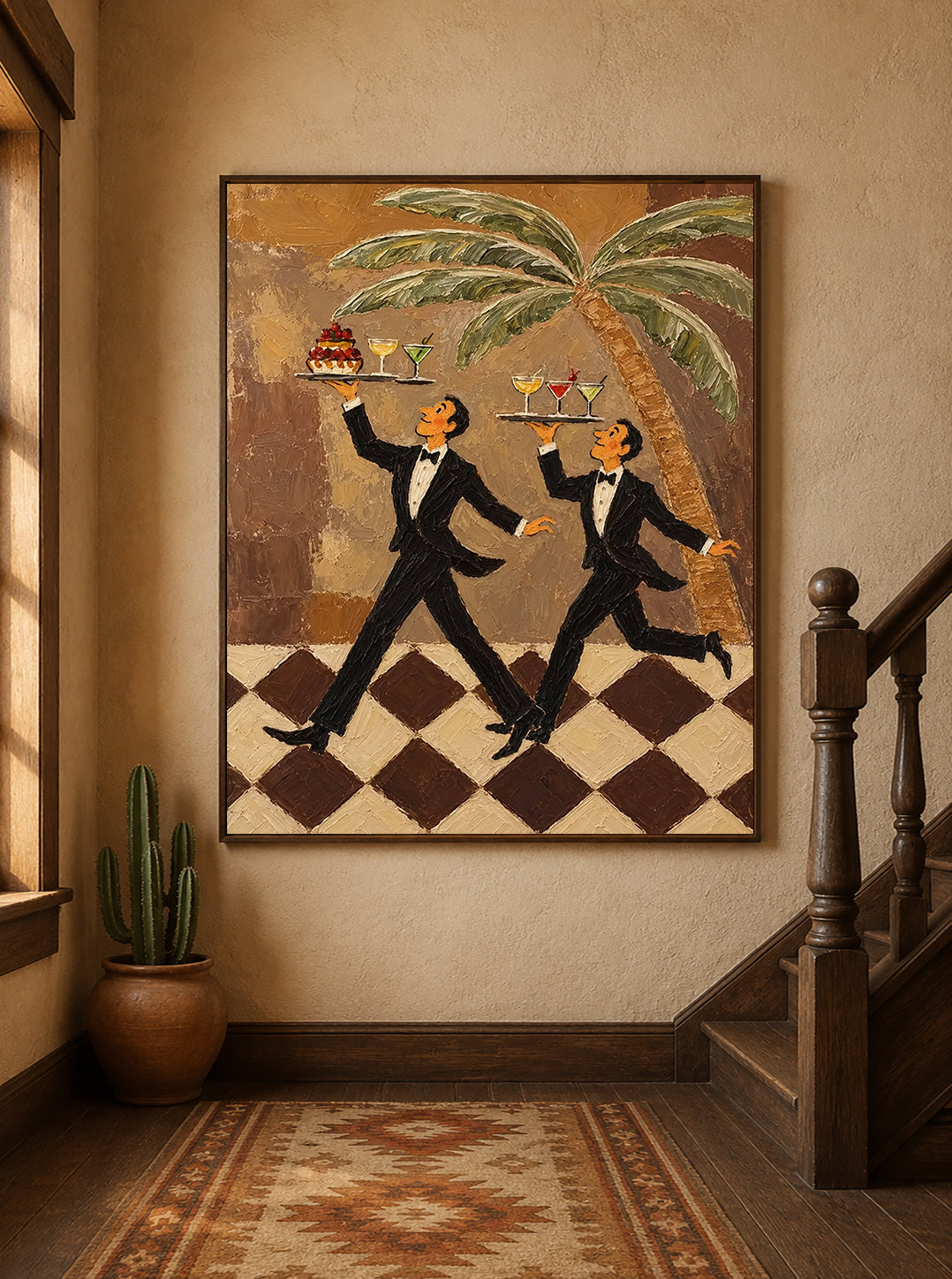 Tuxedo Waiter Canvas Art,Retro Bar Painting, Brown Checkered Floor Artwork