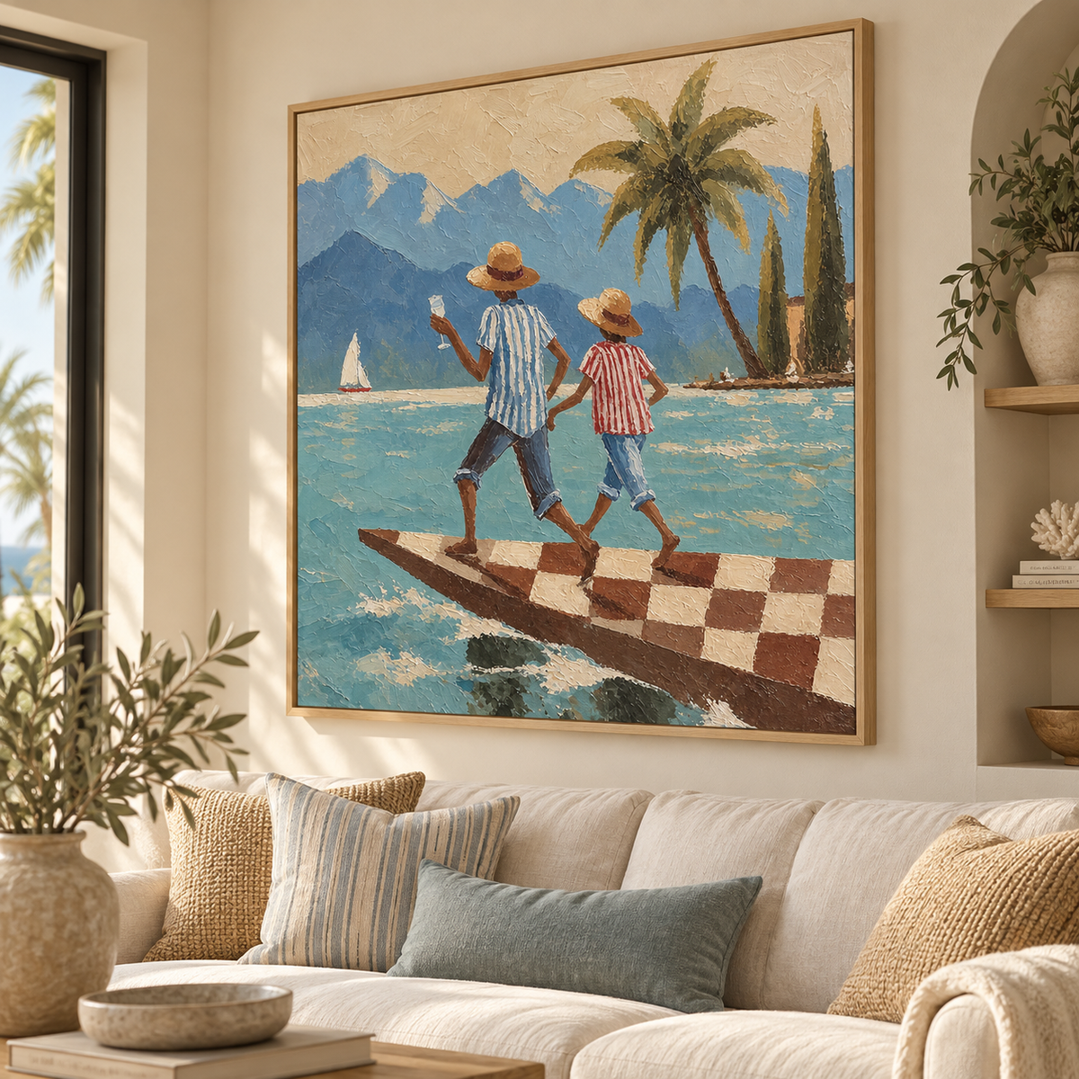 Figurative Beach Scene Hand-Painted Canvas Art With Mountains And Sailboat In Bright Blue Tones