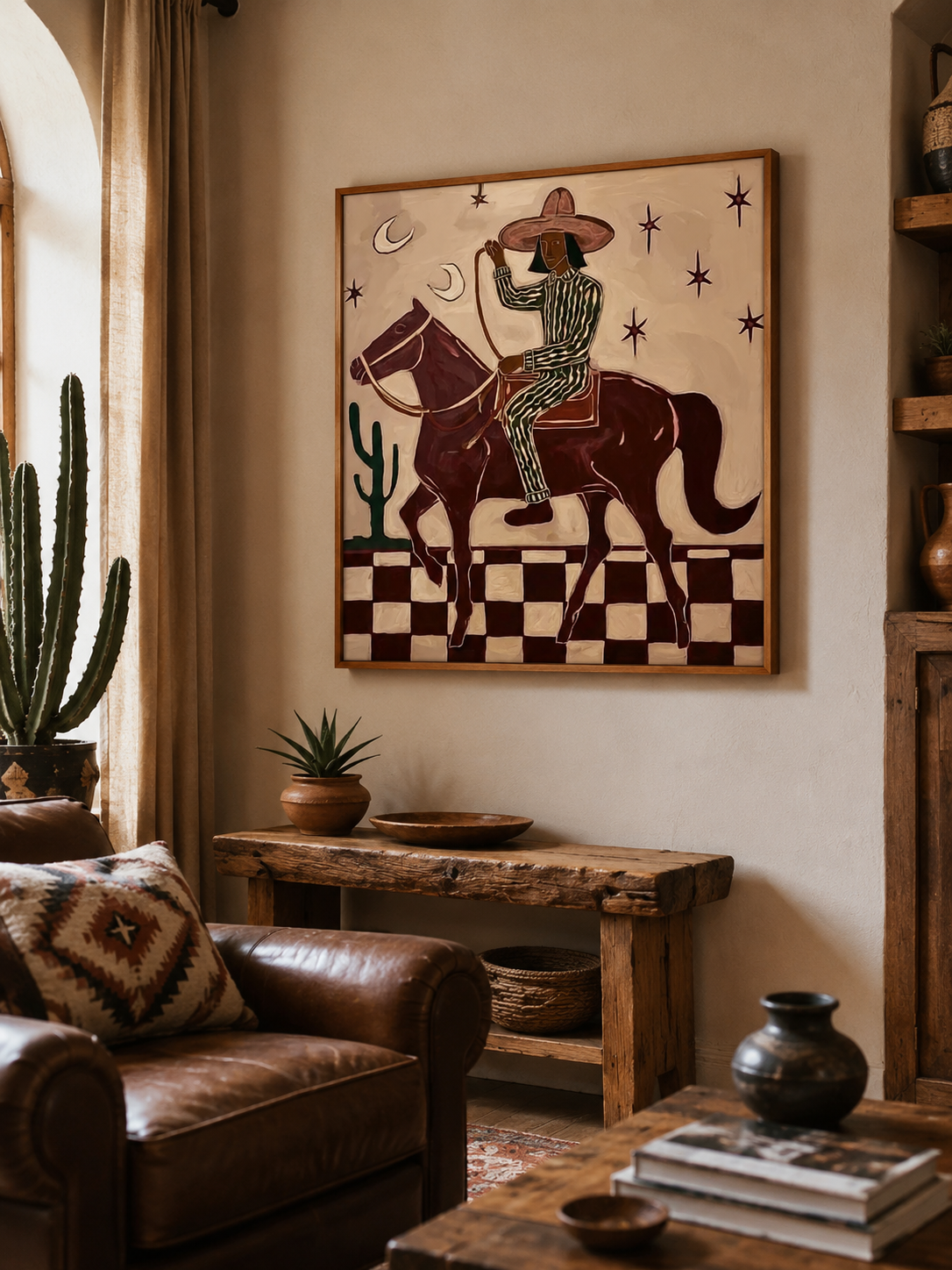 Figurative Horse And Rider Painting With Checkerboard Ground In Earth Tones