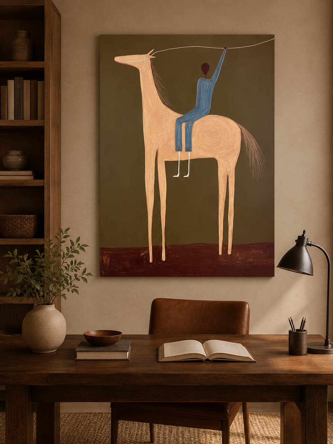 Surreal Horse And Rider Painting Modern Folk Art For Living Room Decor