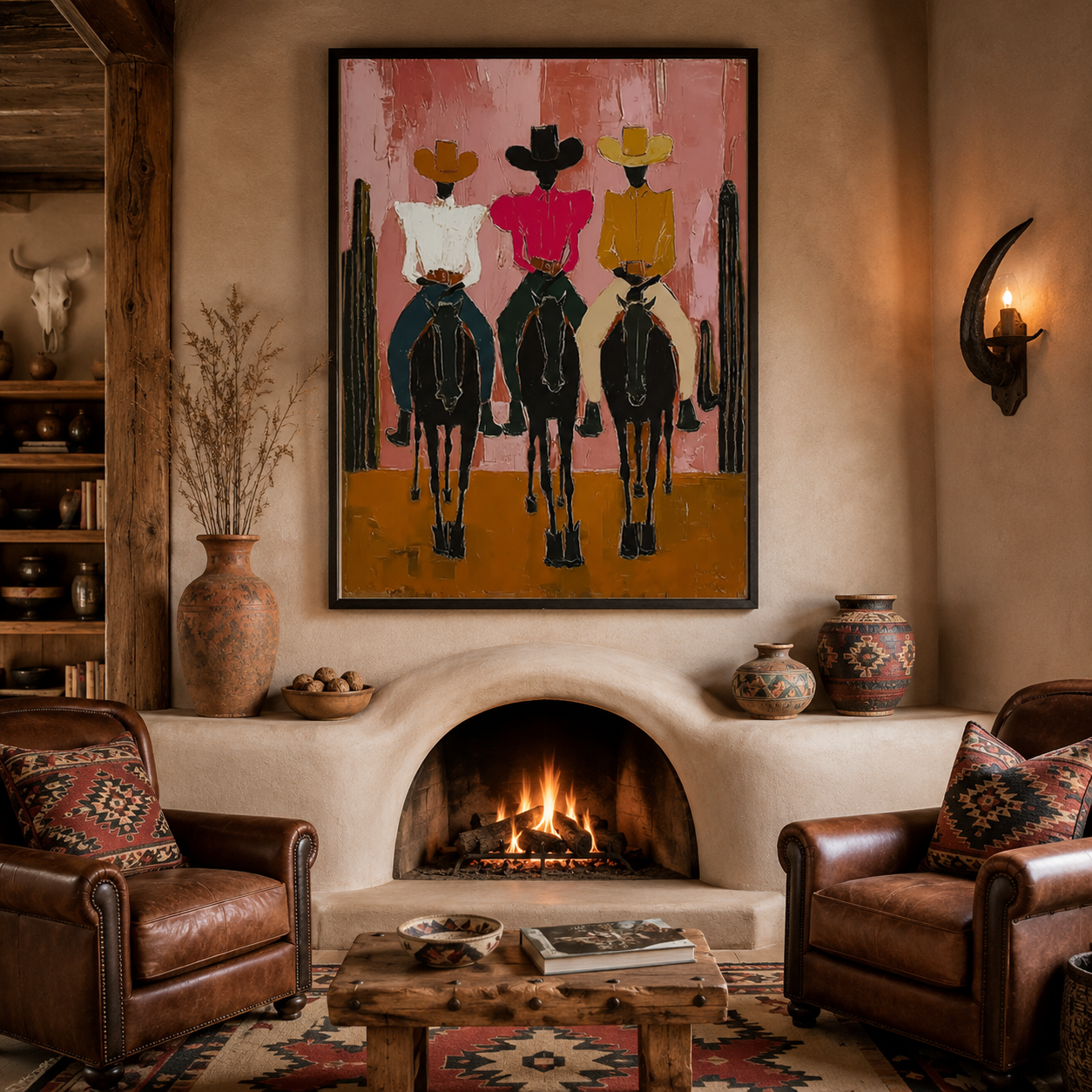 Modern Pink Desert Cowboy Painting With Cactus Canvas Art For Living Room Wall Decor