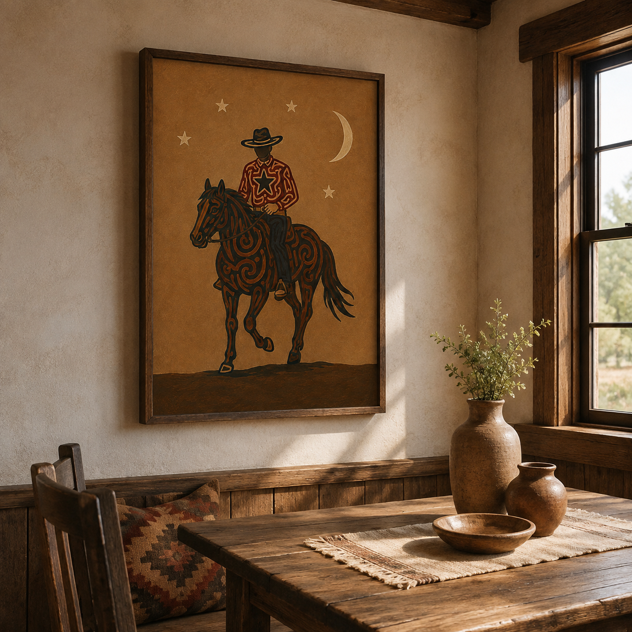 Moonlit Cowboy Horse Painting, Western Folk Wall Art, Southwestern Ranch Night Decor