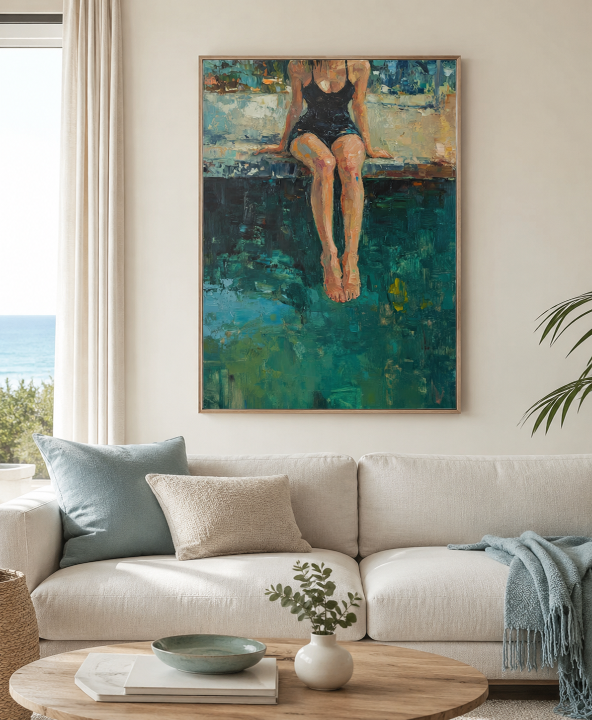 Original Figurative Oil Painting Of Woman By Pool With Rich Green Tones For Modern Home Decor