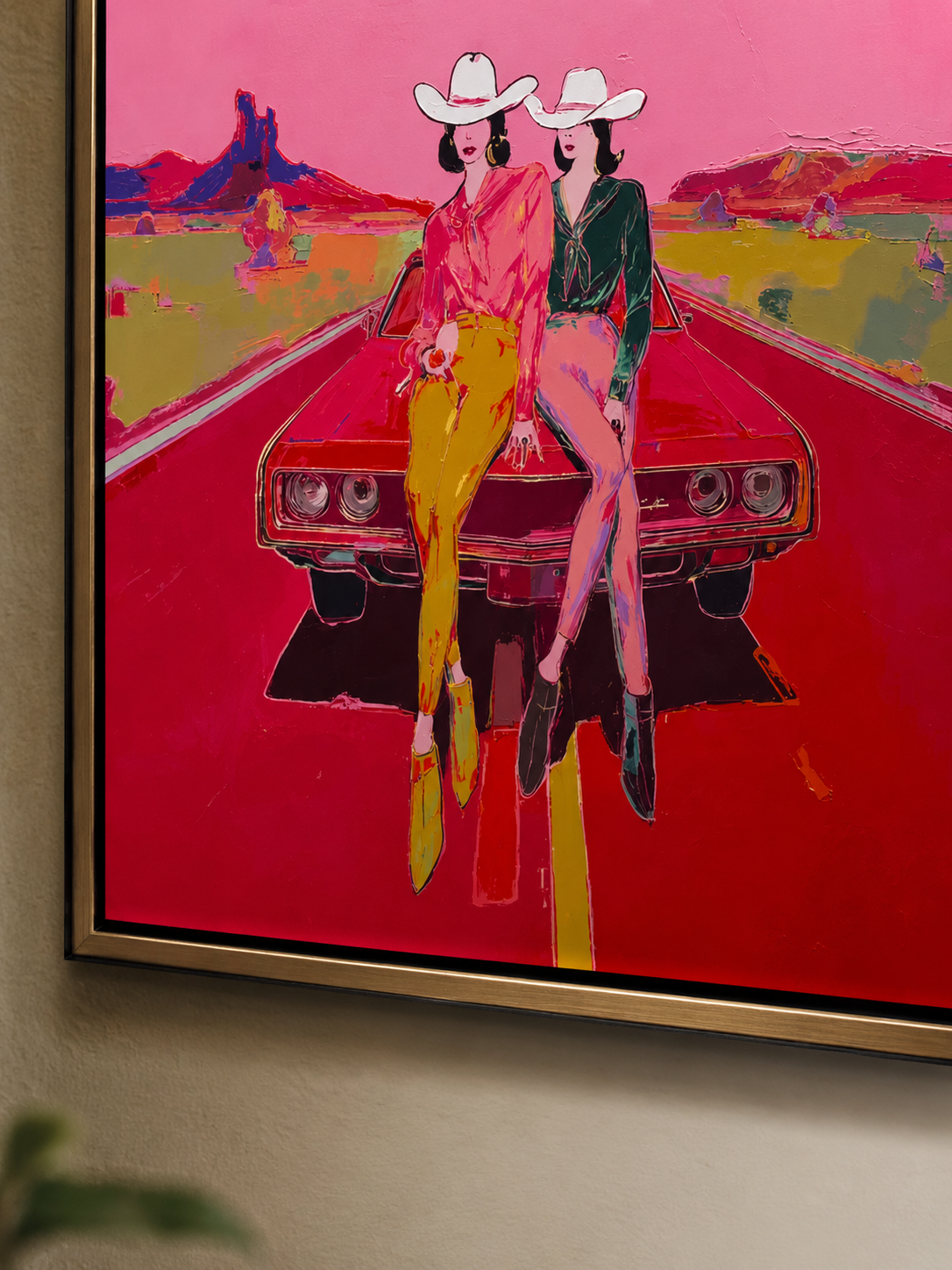Vibrant Pink Cowgirl Pop Art Painting On Canvas For Modern Western Home Decor