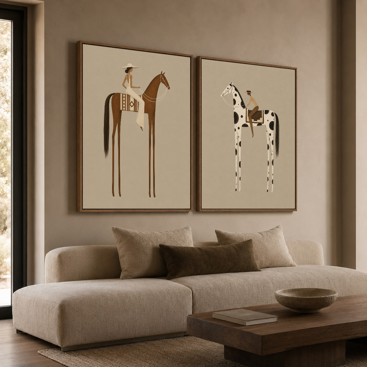 Vintage Beige Horse Painting Set Of Two For Modern Living Room Wall Decor