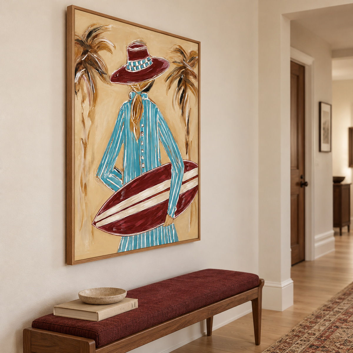Coastal Cowboy Surfboard Canvas Art, Tropical Cowgirl Beach Wall Decor, California Surfing Painting
