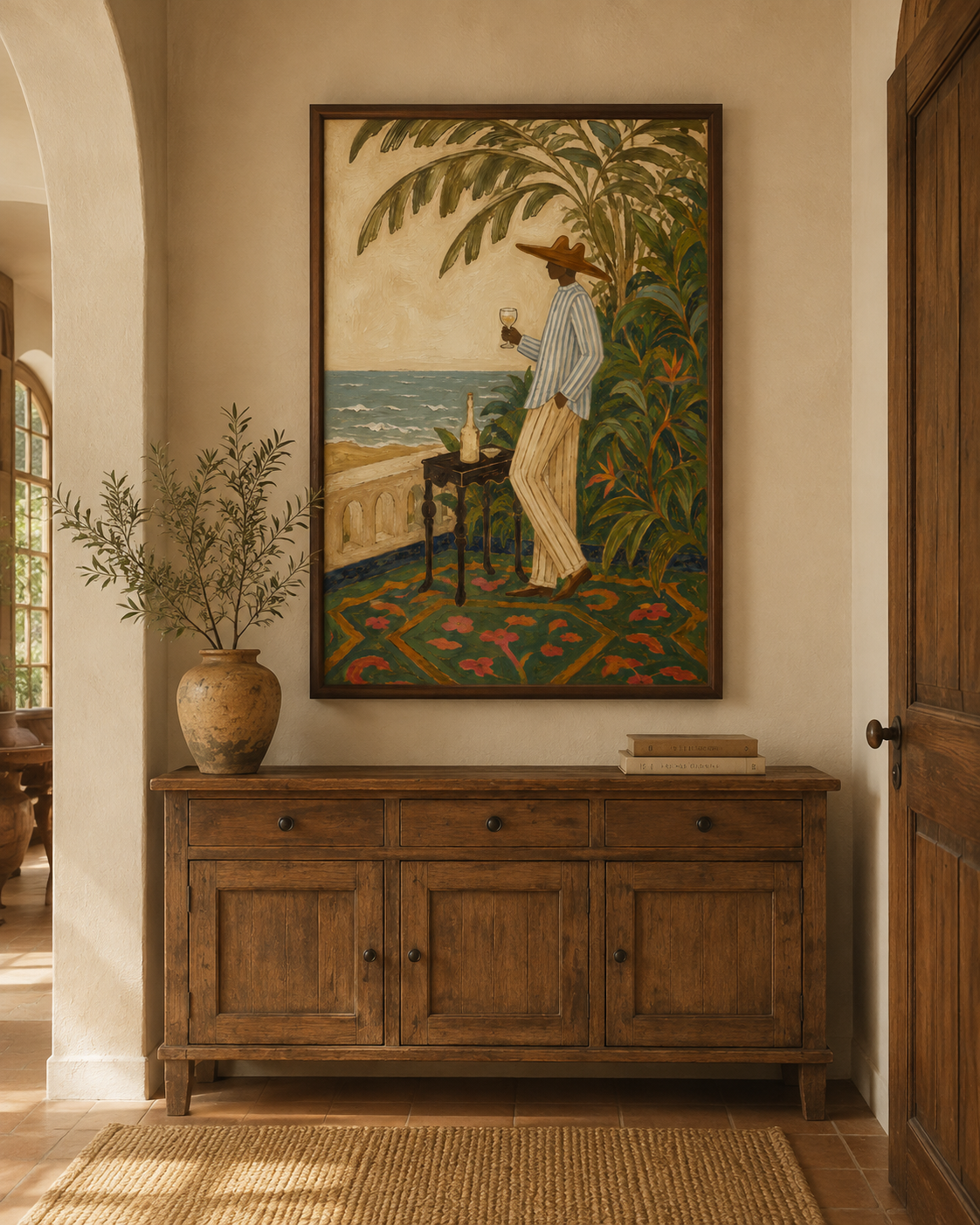 Mediterranean Wine Art Man By Sea Vintage Wall Decor For Dining Room Original Oil Painting On Linen Canvas