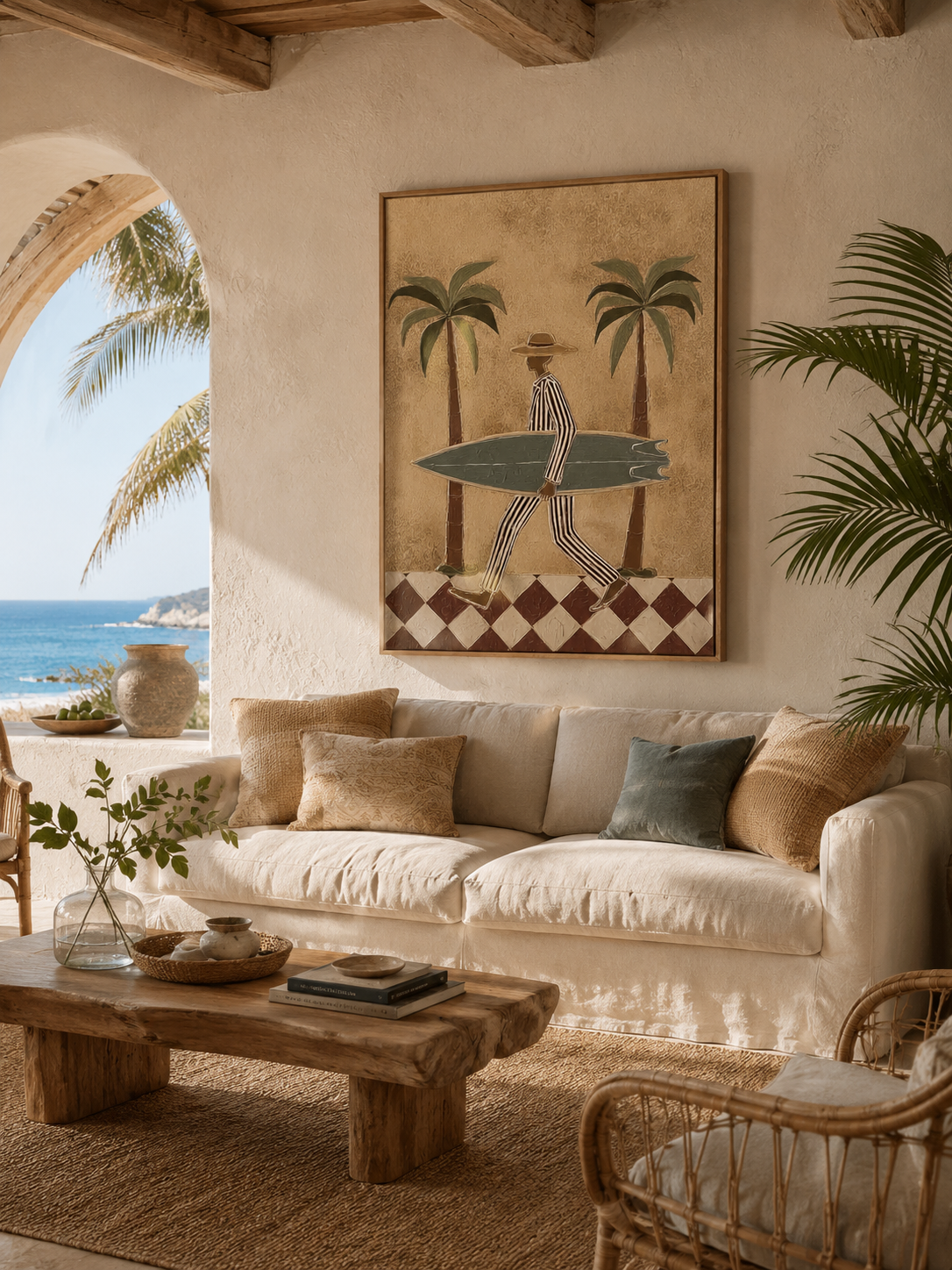 Vintage Surf Art With Brown Checkered Floor And Green Board For Beach Home Decor