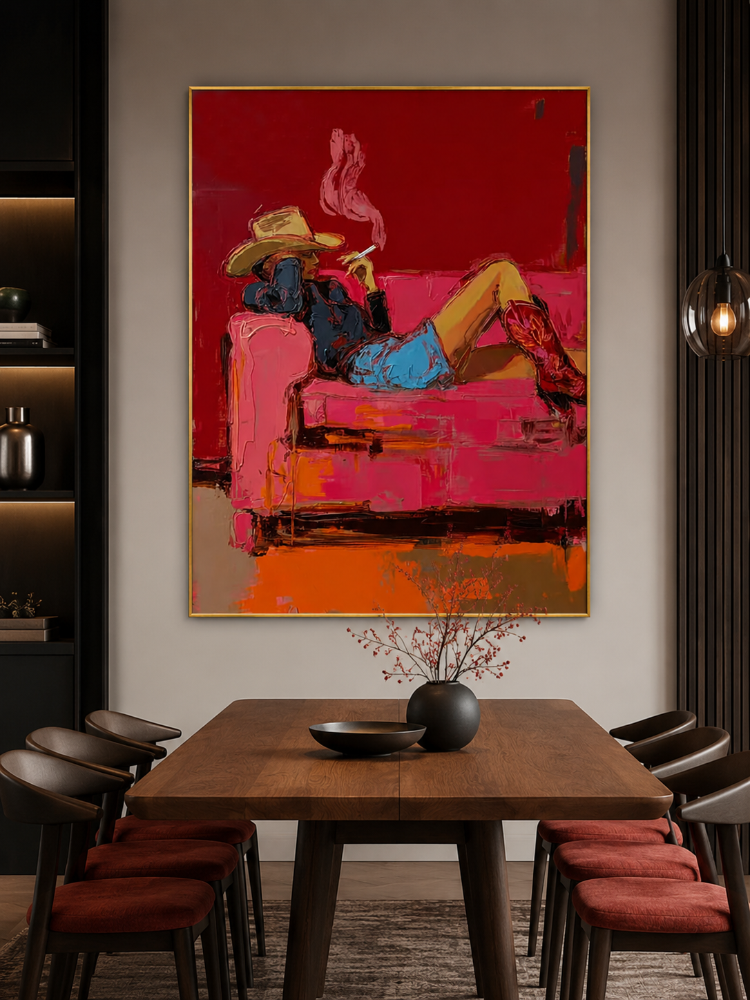 Modern Western Art Painting Of Cowgirl Smoking In Red For Living Room Decor