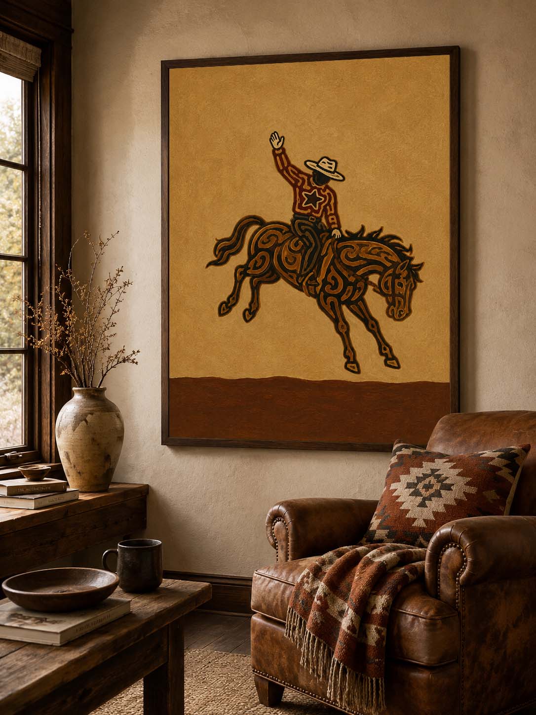 Rodeo Cowboy Painting, Bucking Horse Western Wall Art, Rustic Southwestern Ranch Decor