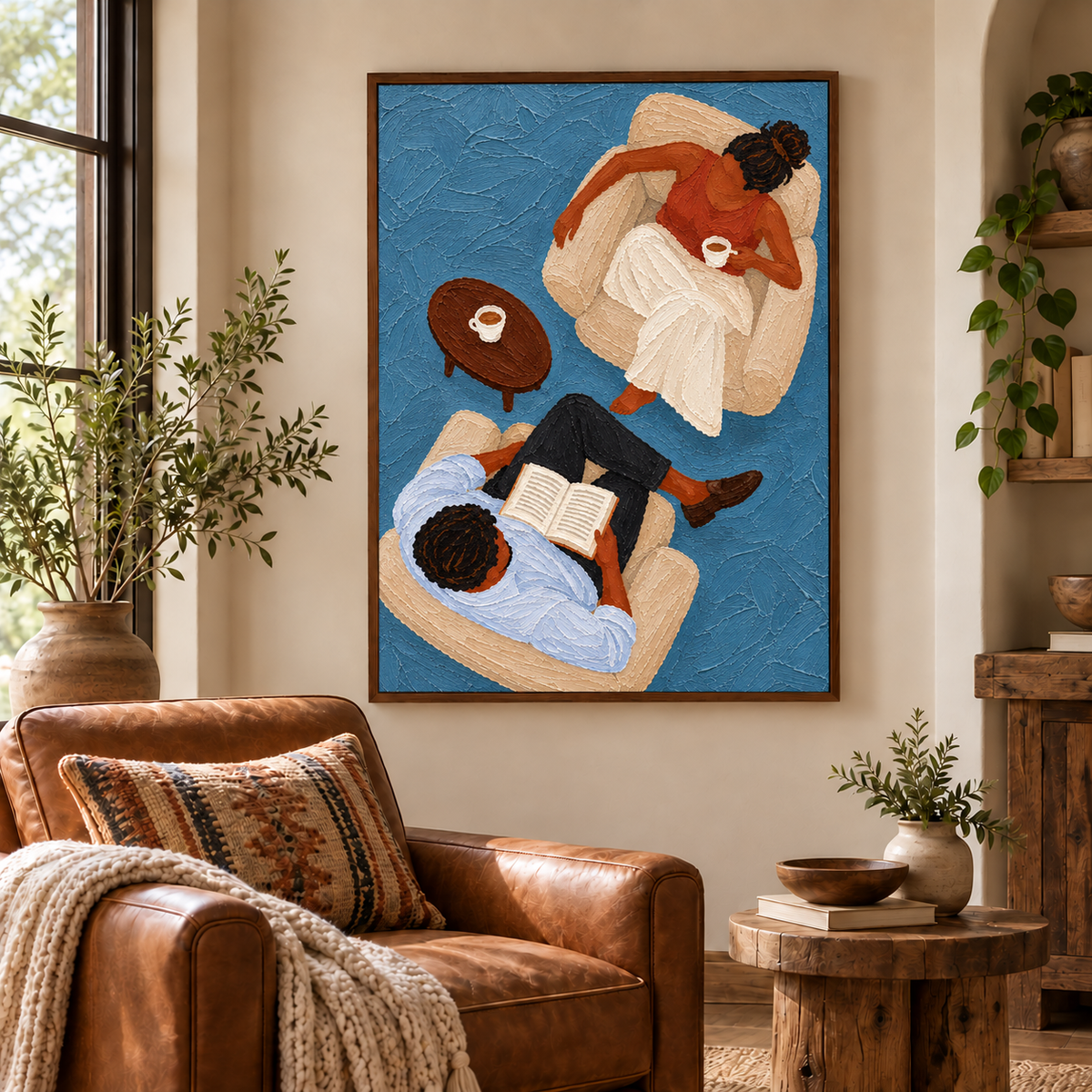 Couple Reading With Coffee Hand-Painted Canvas Art In Blue And Brown Tones