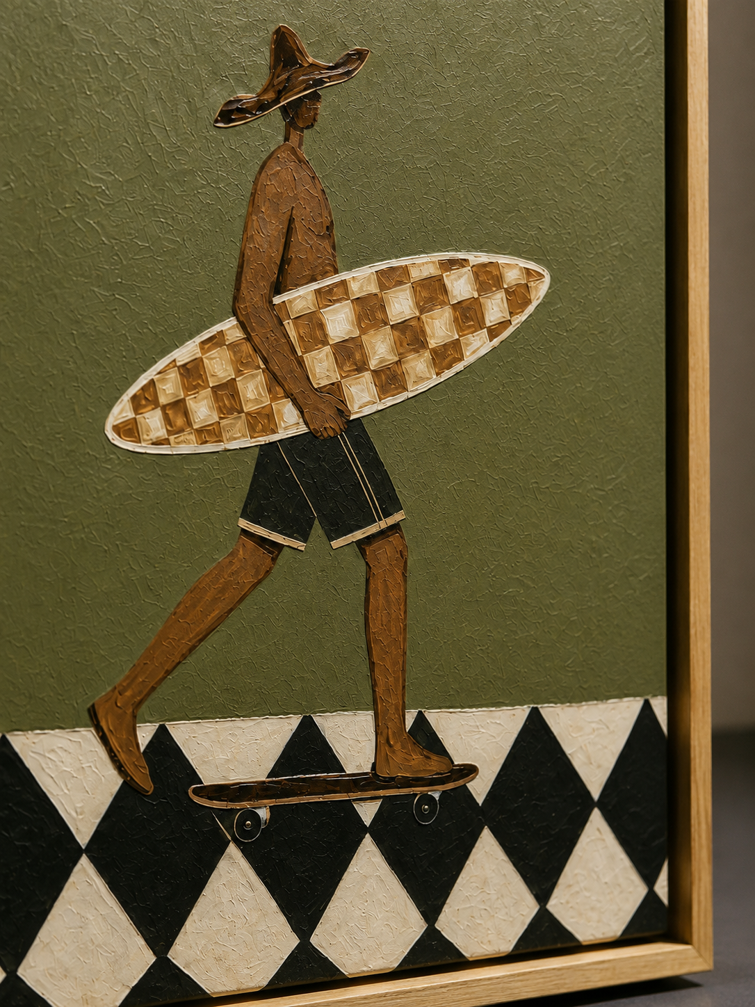 Vintage Minimalist Surf Art With Checkerboard Design For Modern Beach Home Decor