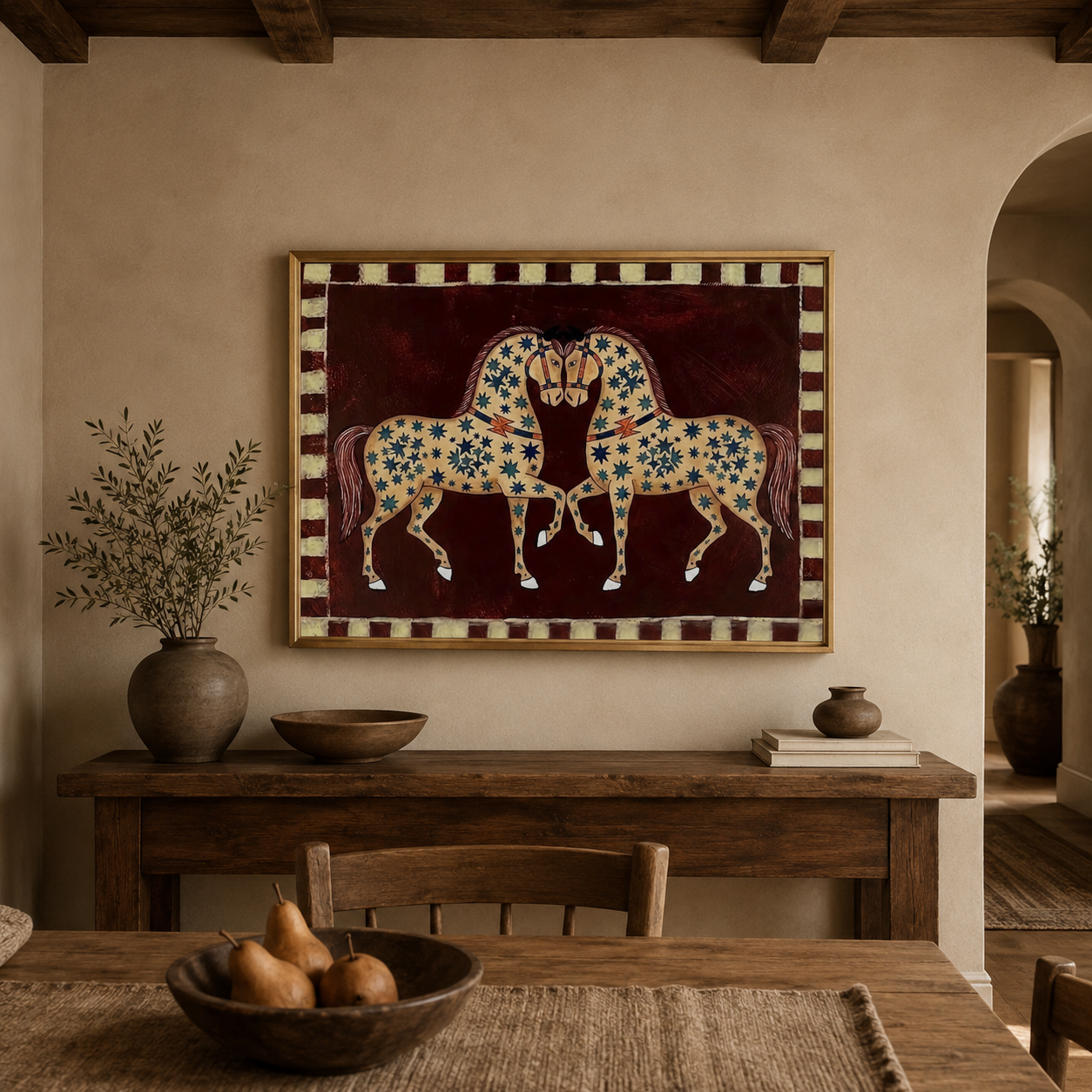 Medieval Folk Art Horse Painting With Stars On Brown Canvas For Classic Home Decor