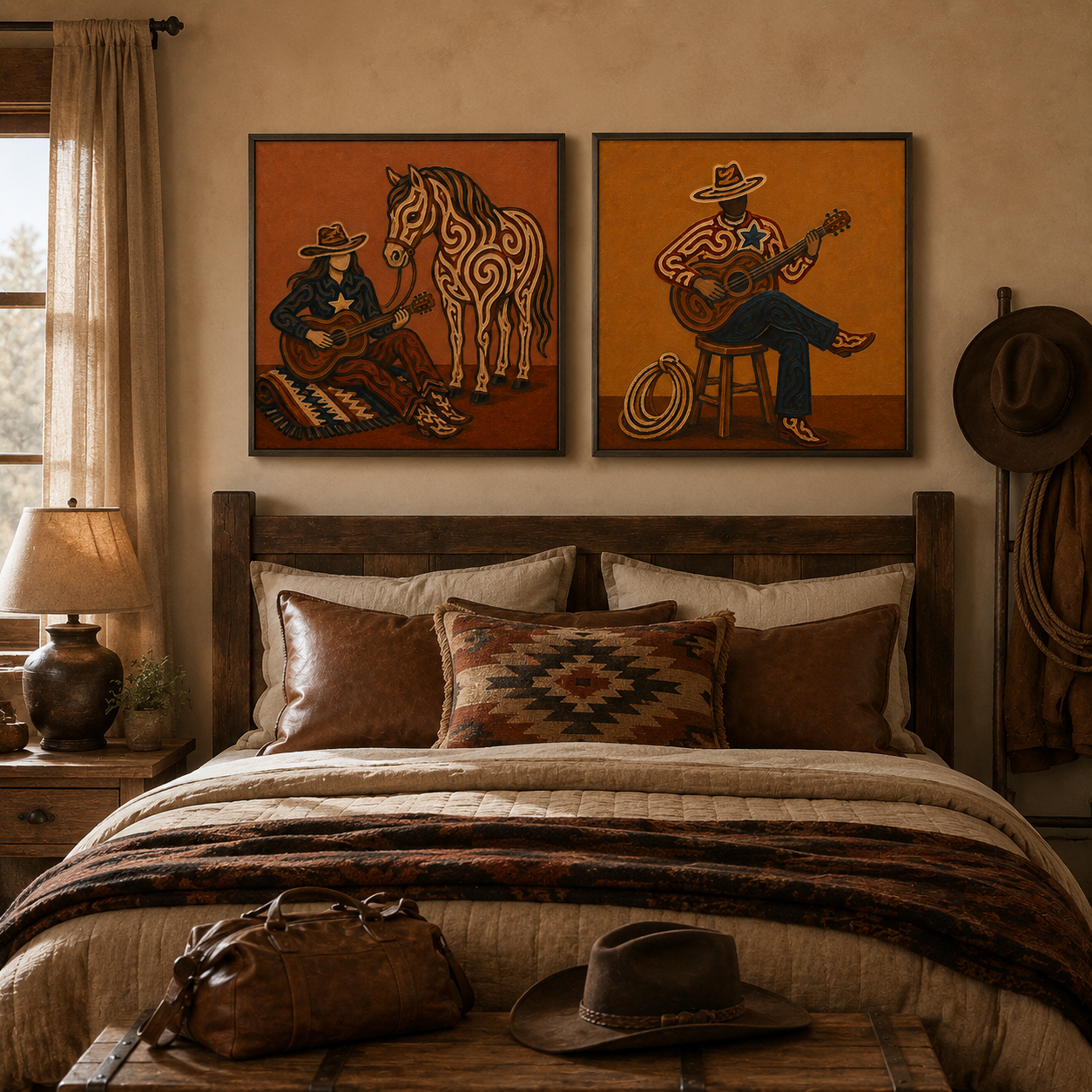 Western Diptych Wall Art Vintage Cowboy Couple Guitar Horse Wall Art Set For Living Room Decor