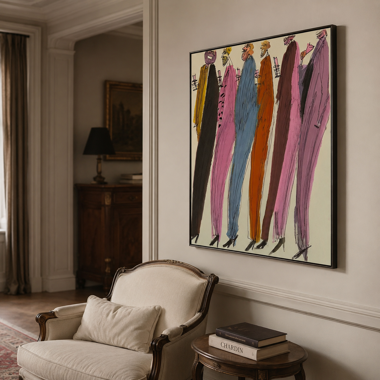 Abstract Figurative Painting Of Colorful Party People In Square Canvas For Modern Home Decor