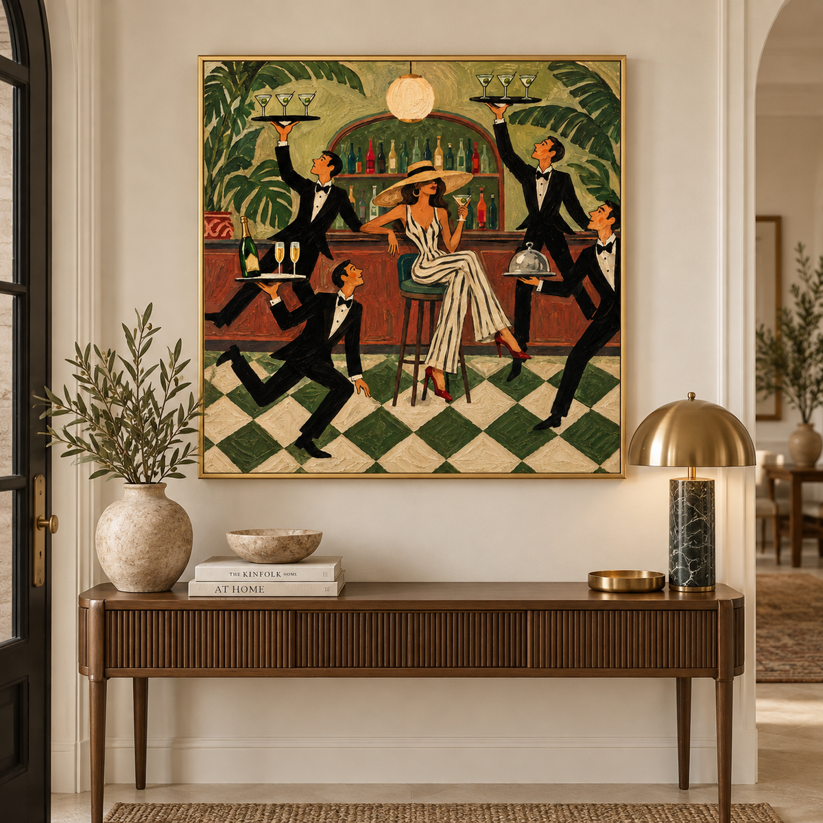 Vintage Cocktail Lounge Art With Lady And Waiters In Green Bar Scene Canvas Painting