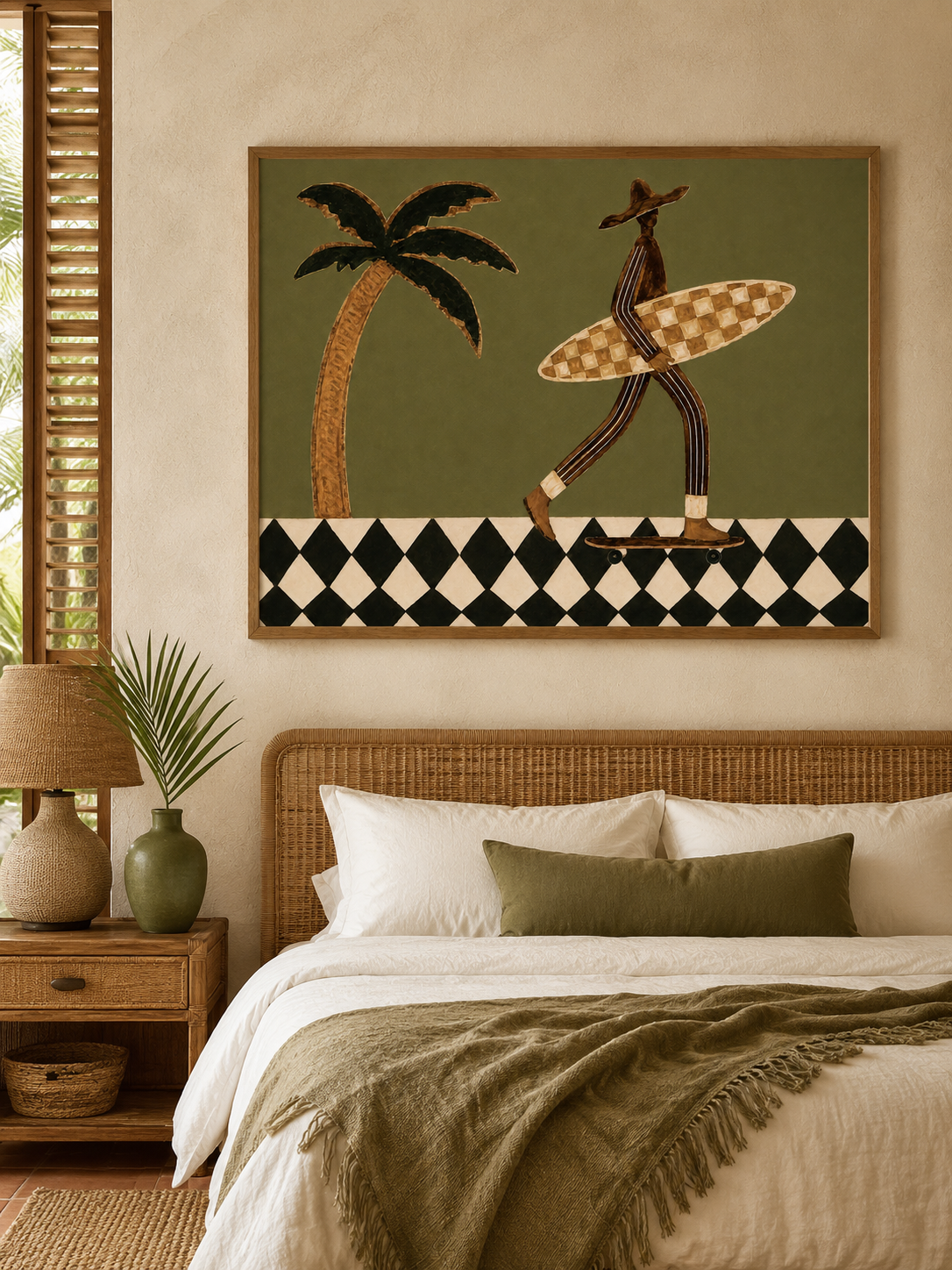Retro Surf Art Print With Palm Tree And Checkerboard Pattern For Modern Home
