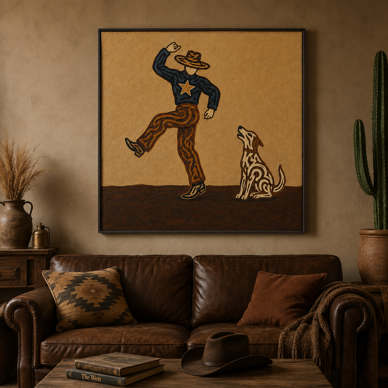 Dancing Cowboy And Dog Painting Retro Western Decor For Living Room