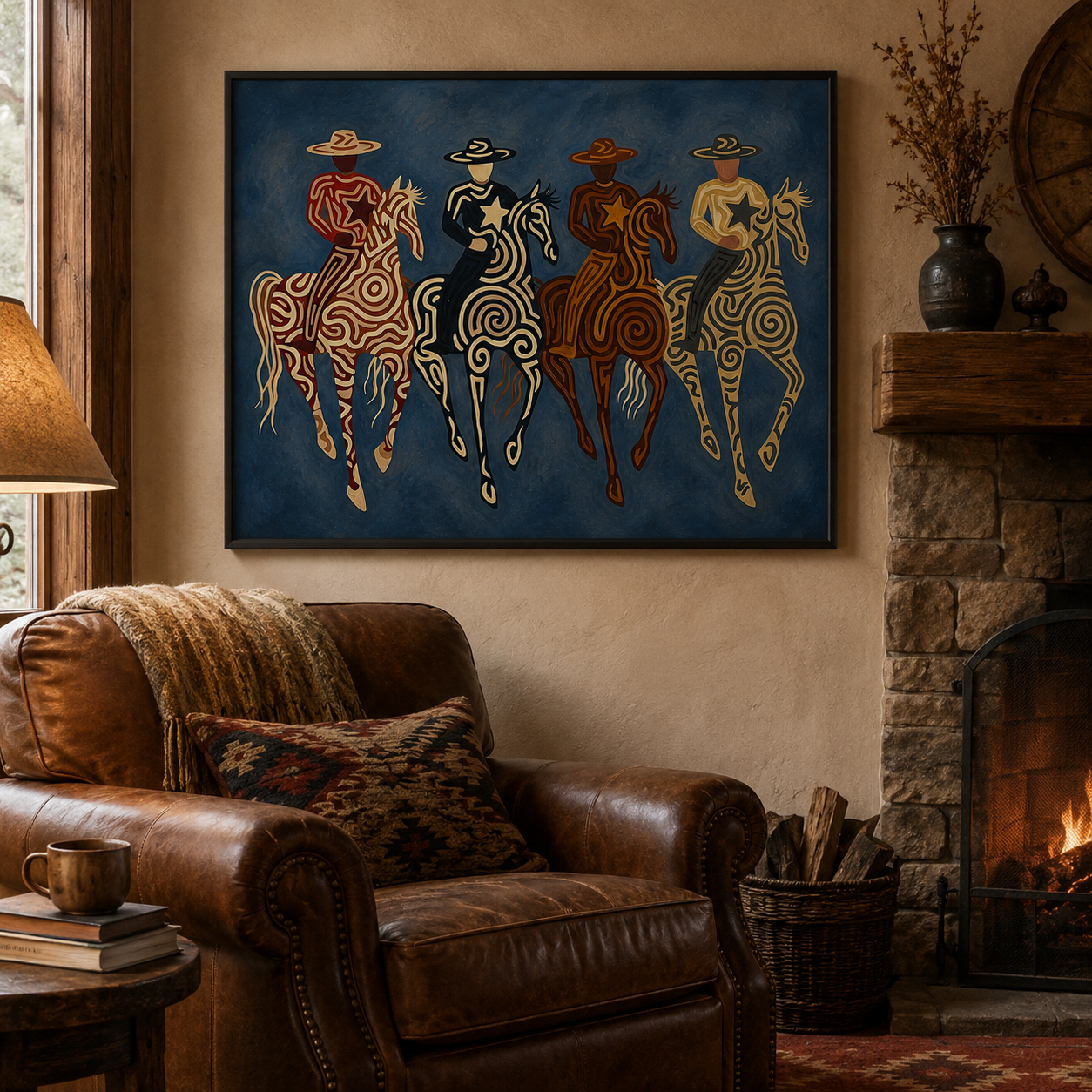 Four Cowboy Riders Painting, Navy Blue Western Horse Art, Southwestern Folk Wall Decor