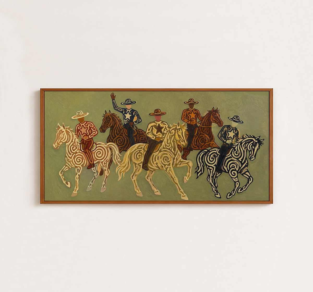 Olive Green Cowboy Riders Painting, Panoramic Western Horse Art, Modern Southwestern Decor