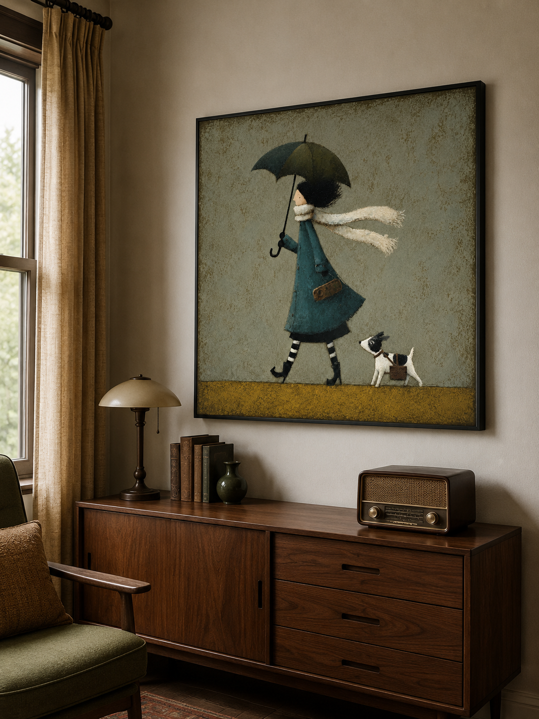 Whimsical Girl With Dog Umbrella Painting Textured Teal Green Wall Art For Nursery
