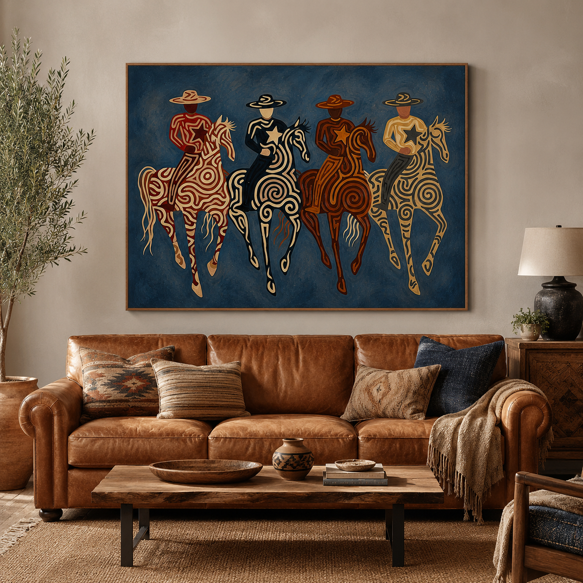 Four Cowboy Riders Painting, Navy Blue Western Horse Art, Southwestern Folk Wall Decor