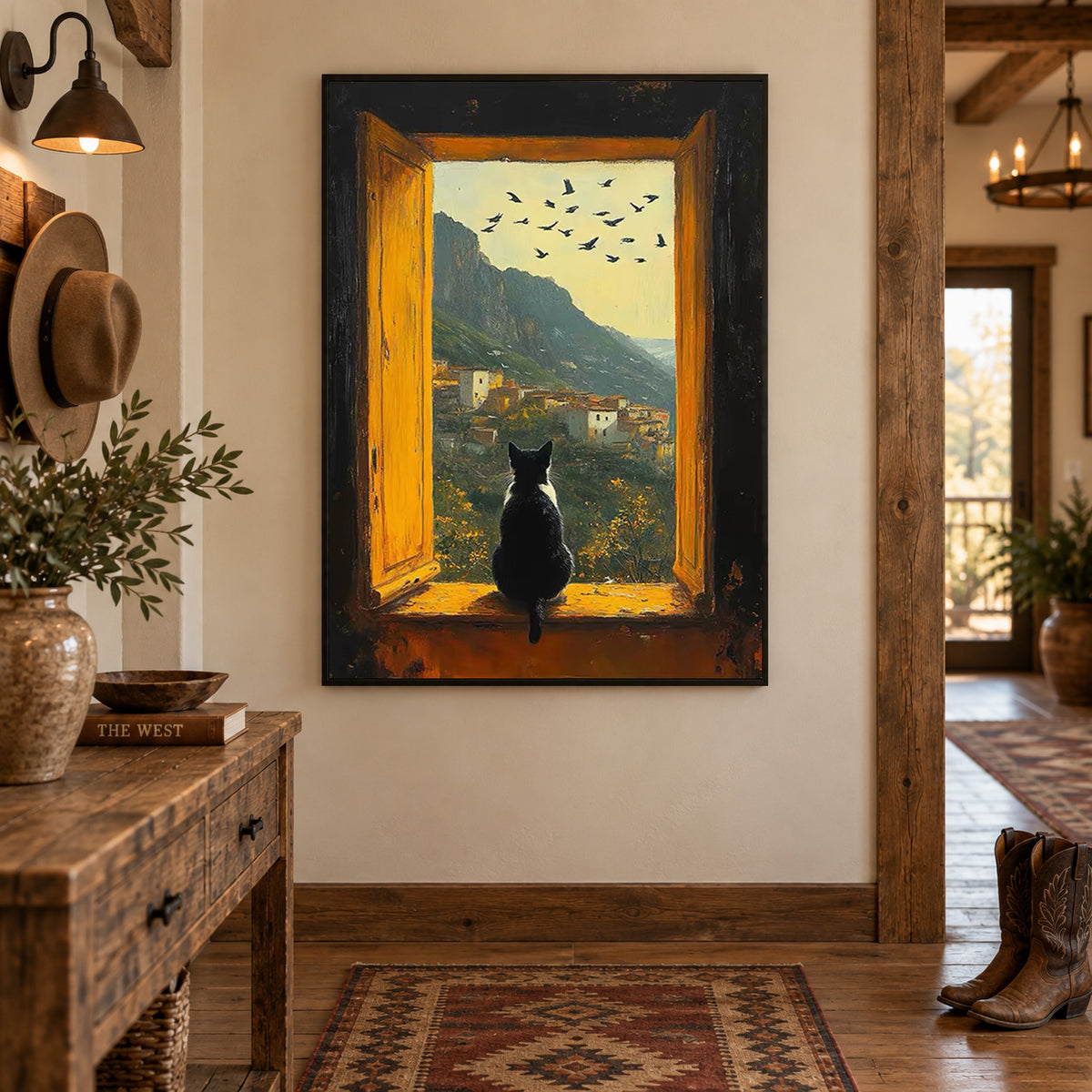 Black Cat Art, Cat Oil Painting, Window View Art, Mountain Village Painting, Cozy Home Decor