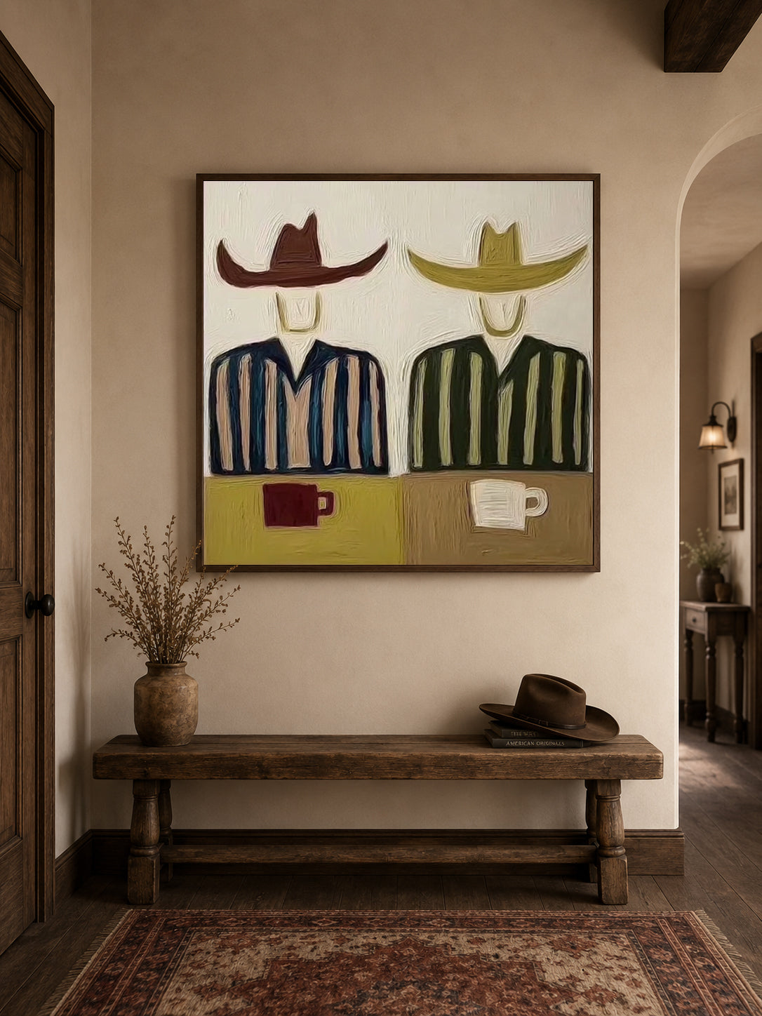 Cowboy And Coffee Minimalist Canvas Painting For Western Decor