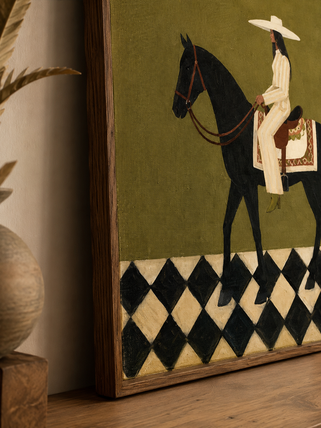 Vintage Horse And Rider Painting Sage Green Wall Art For Modern Home Decor