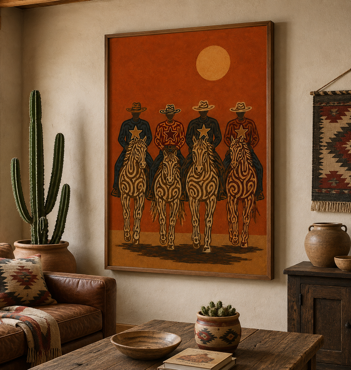 Cowboy Riders Oil Painting, Burnt Orange Western Wall Art, Rodeo Ranch Hand Painted Decor