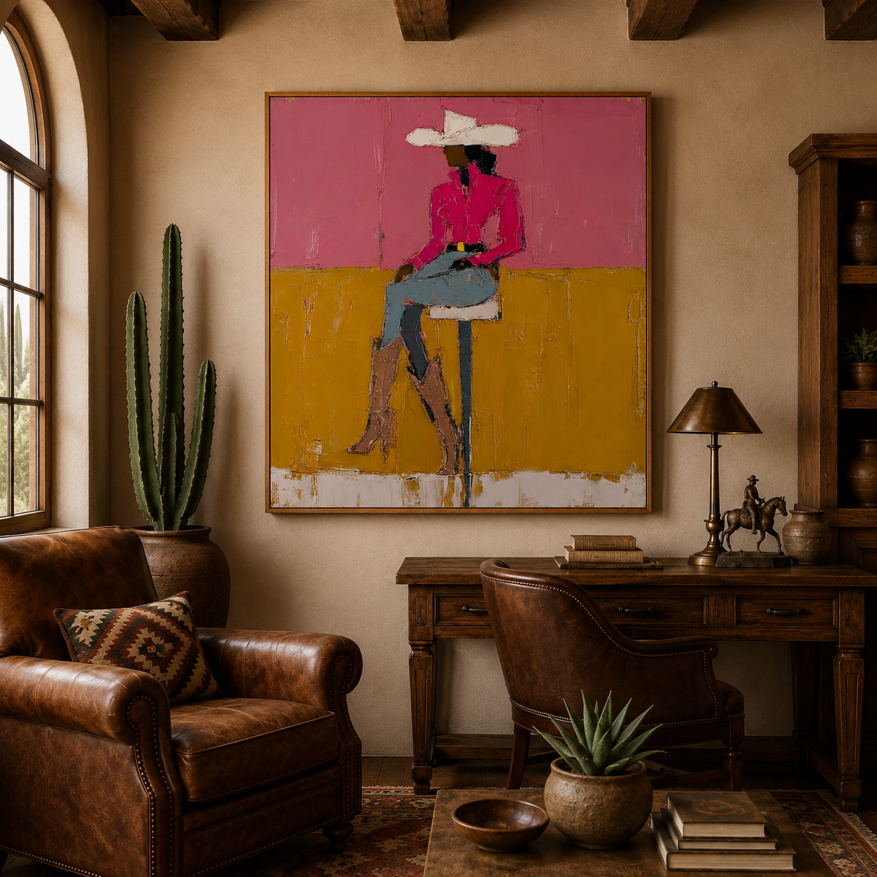Modern Pink Cowgirl Oil Painting Abstract Fashion Figure Art For Living Room Decor