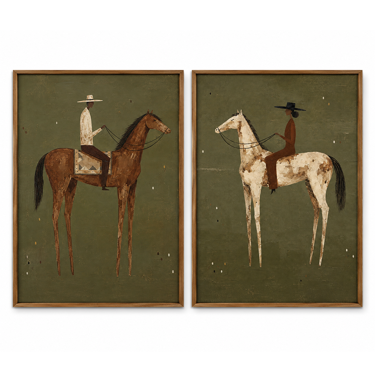 Vintage Equestrian Horse Painting Set With Riders In Earthy Tones For Classic Home Decor