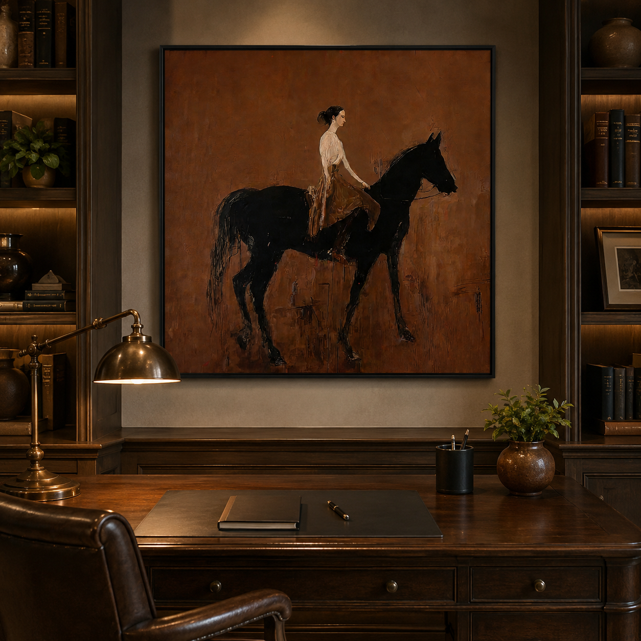 Vintage Brown Horse And Rider Painting Original Oil On Linen Canvas For Classic Home Decor