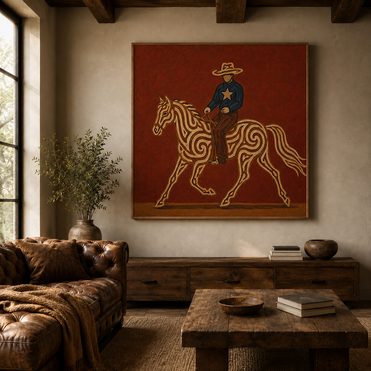 Cowboy Riding Horse Art , Western Ranch Horse Painting, Classic Cowboy Wall For Living Room Decor
