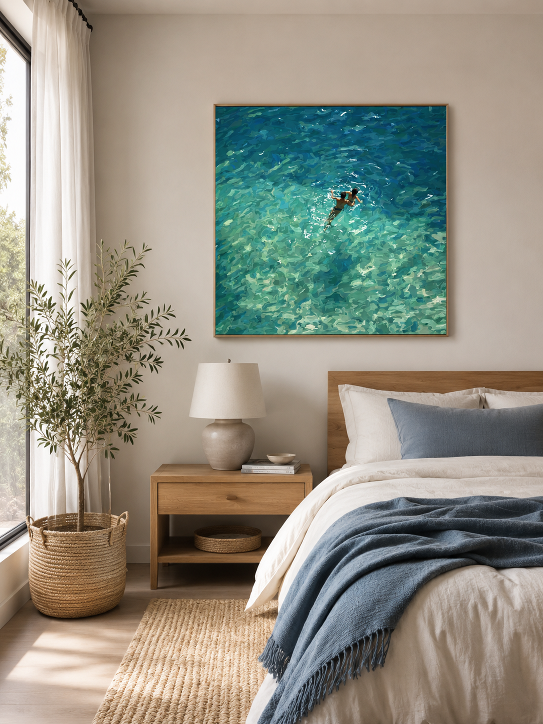 Couple Swimming In Clear Sea Oil Painting Modern Beach Wall Art For Living Room Decor