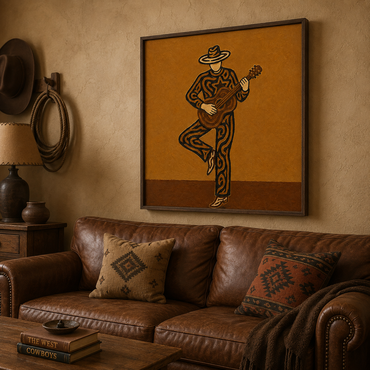 Abstract Cowboy Musician Art, Unique Guitar Player Wall Decor, Modern Western Art, Dynamic Cowboy Painting