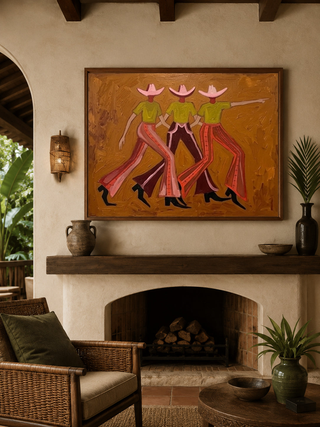 Vintage Cowgirl Painting With Pink Hats And Green Shirts On Canvas