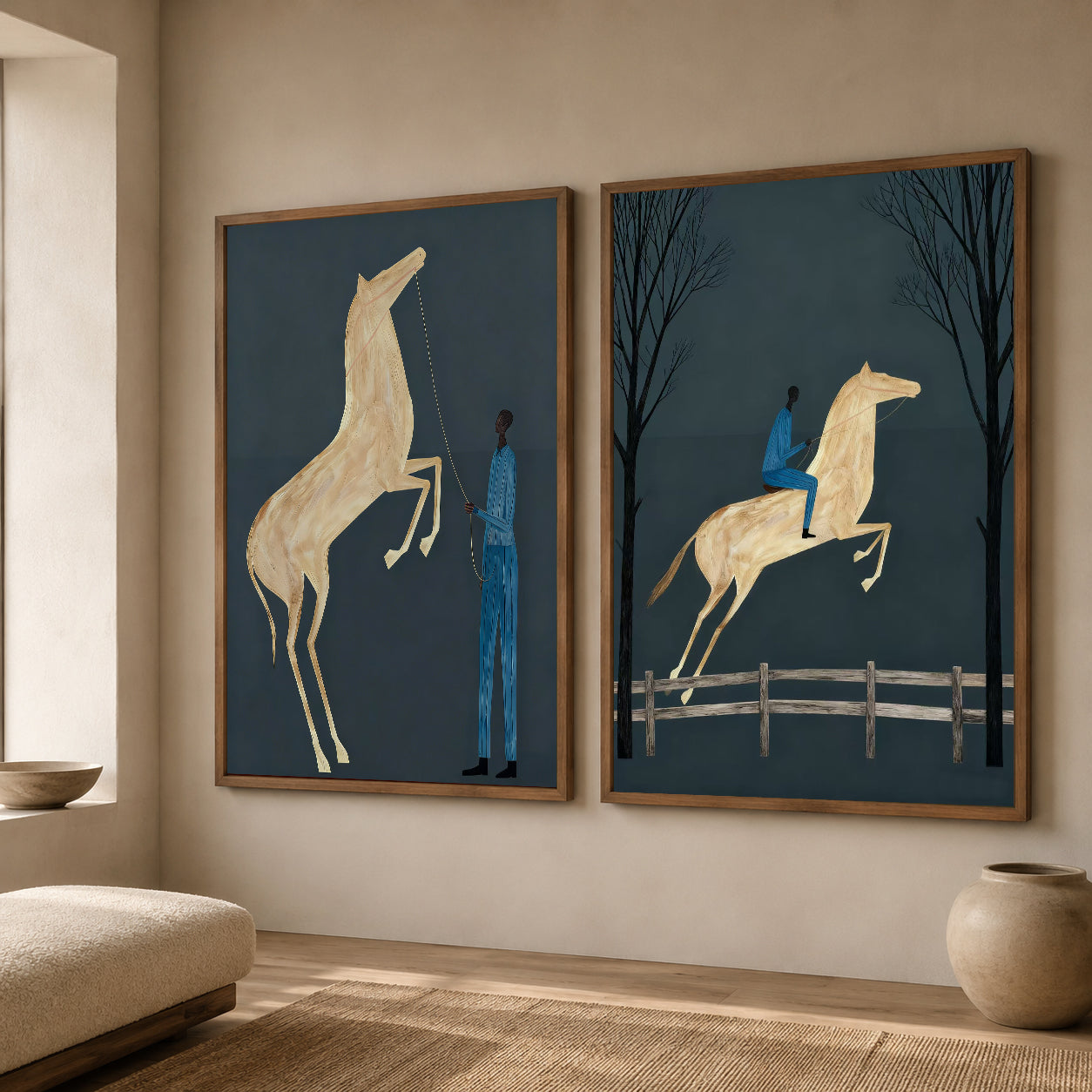 Minimalist Horse Painting Set Deep Blue Background Modern Wall Art For Living Room